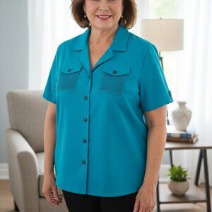 Alfred Dunner Short Sleeve Button Down Teal 16 Blouse BNWT